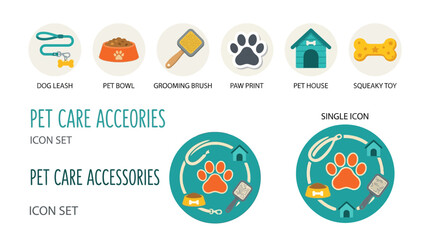 Fototapeta premium Pet care accessories icon set with dog leash, bowl, brush, toy