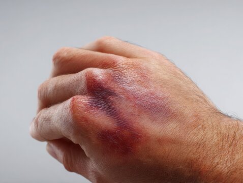 Extreme close up of a human hand with a clearly visible superficial thermal burn on the back of the hand, mild redness and realistic skin texture