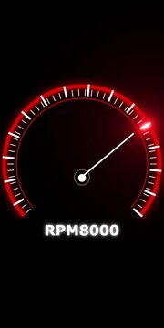 A glowing red digital speedometer gauge showing eight thousand revolutions per minute on a dark black background with a bright white indicator needle