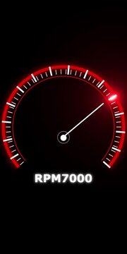 Digital tachometer gauge displaying seven thousand revolutions per minute with a glowing red arc and white needle isolated on a black background