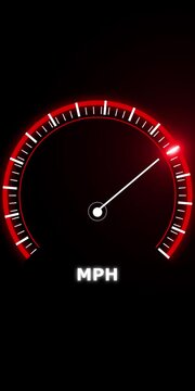 Glowing red speedometer gauge with white needle indicating velocity on a dark background showing the text mph for measuring vehicle speed