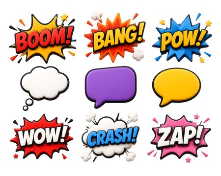 3D comic speech bubbles set with sound effects text boom bang pow wow crash zap and blank sound clouds, colorful pop art superhero expression collection isolated on white background, generative AI