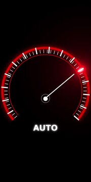 Glowing red digital speedometer gauge with a white needle pointing to the right and the word auto written in white text on a solid black background