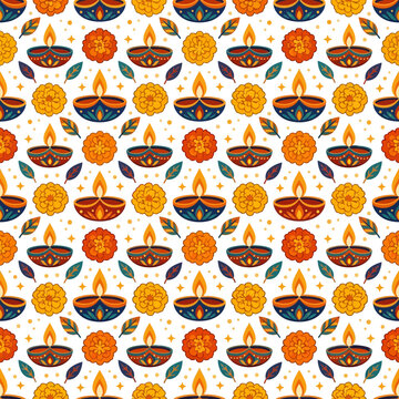 Seamless pattern of traditional diyas and marigold flowers for Diwali festival celebration