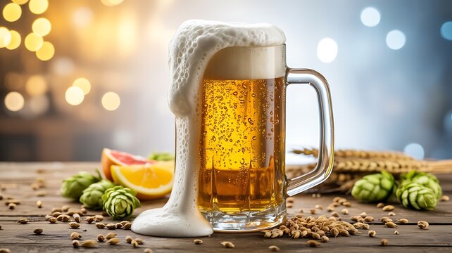 Frothy cold beer in a large glass mug sitting on wooden table with scattered hops