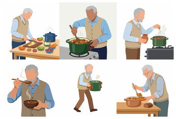 Fototapeta premium Senior man preparing healthy homemade soup and vegetables in kitchen, flat vector illustration set