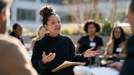 Obraz premium A hospital journaling workshop coordinator leads a rooftop healing session in a clinical atrium garden with a diverse team of nurses and occupational therapists, urban planter