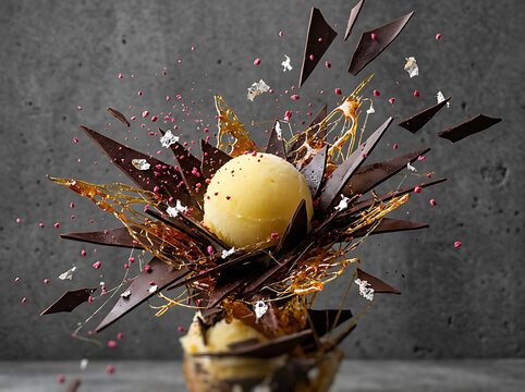 Gourmet frozen dessert sphere surrounded by explosive dark chocolate shards and spun sugar artistic presentation with textured grey background captures gourmet sophisticated composition confection