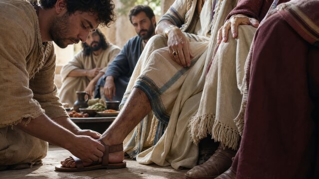 Returning son receives sandals from his father during a welcoming feast. Biblical parable of the prodigal son, forgiveness, repentance, family reunion, and spiritual restoration.