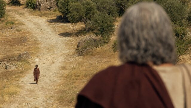 Father watching his returning son walk along a dusty path. Biblical parable of the prodigal son, forgiveness, repentance, reconciliation, and unconditional family love.