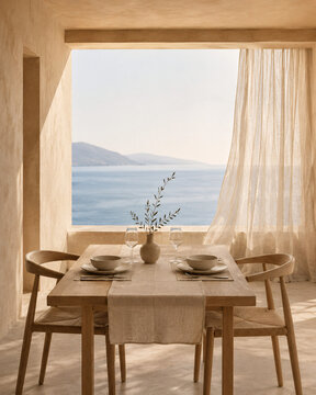 Warm Mediterranean Dining Space with Linen Curtain and Sea Horizon