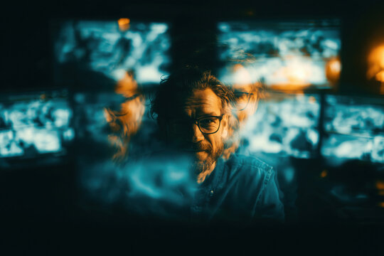 Abstract portrait man reflection screen cyberpunk mood low key lighting multiple exposure effect blue orange color creative technology concept middle aged male glasses beard bokeh cinematic style