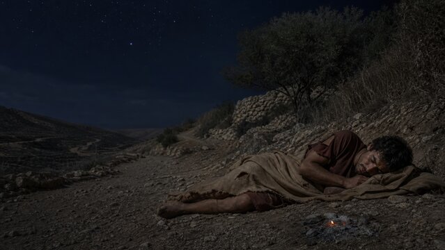 Weary young man sleeping beside a dying fire on a barren hillside. Biblical parable of the prodigal son, hardship, repentance, exile, and hope under a starry night sky.