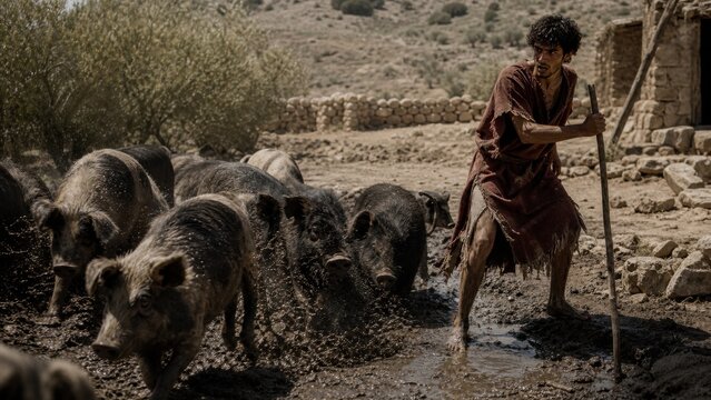 Young man tending pigs in a barren ancient landscape. Biblical parable of the prodigal son, depicting poverty, repentance, hardship, and spiritual return in a historical religious scene.