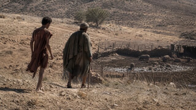 Two biblical era men walking toward a pig pen in a barren valley, illustrating the prodigal son parable, hardship, repentance, poverty, and spiritual redemption from the Gospel of Luke