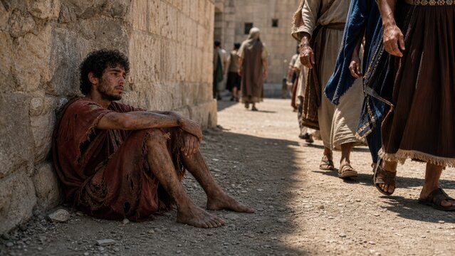 Weary young man sitting beside a stone wall as robed travelers pass through an ancient city. Biblical illustration of the prodigal son facing poverty, repentance, and return.
