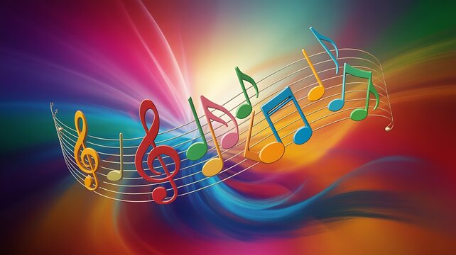 Vibrant musical notes floating gracefully across a colorful abstract background of dynamic flowing artistic waves