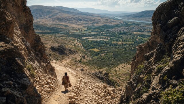 Young man carrying belongings down a rocky mountain path toward a fertile valley, symbolizing the prodigal son&rsquo;s journey, repentance, return, and hope from the Gospel of Luke