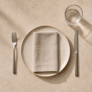 Top View of Minimal Mediterranean Place Setting in Warm Natural Light