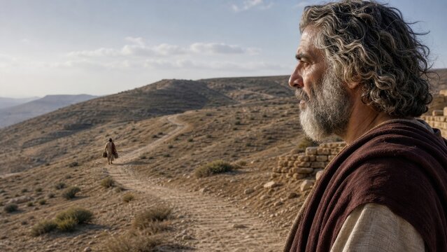 Father watching his returning son walk along a mountain path. Biblical parable of the prodigal son, forgiveness, repentance, mercy, and family reconciliation.