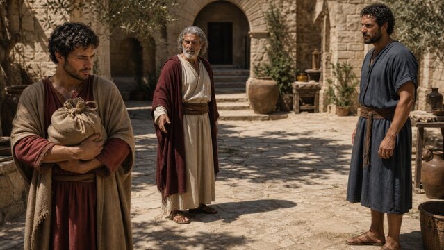 Biblical scene of a repentant son carrying belongings before his father and older brother in an ancient courtyard. Parable of the prodigal son about forgiveness, family, and reconciliation.