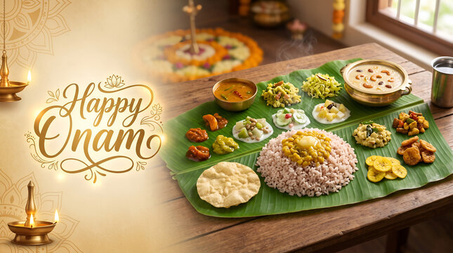 Happy Onam Sadhya Feast: Traditional Kerala Vegetarian Meal on Banana Leaf with Festive Lamps and Pookalam
