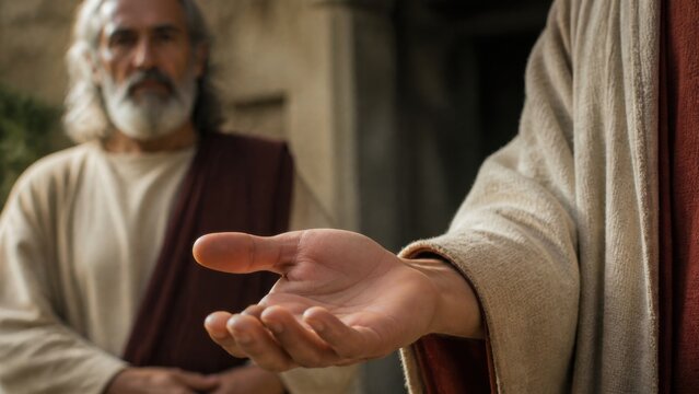 Biblical father extending an open hand toward his son. Parable of the prodigal son depicting forgiveness, compassion, reconciliation, and divine mercy in a historical setting.
