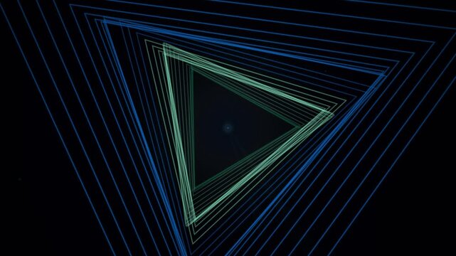 Abstract digital tunnel of glowing blue and green triangular lines spiraling inward against a dark background