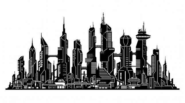 Futuristic Cyberpunk City Skyline with Modern Skyscrapers Vector Silhouette Illustration