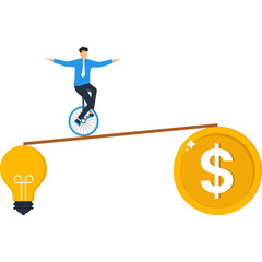 Businessman balancing unicycle comparing idea value versus financial investment coin. Risk management strategy and entrepreneurial challenge concept. © Mr Fikh 