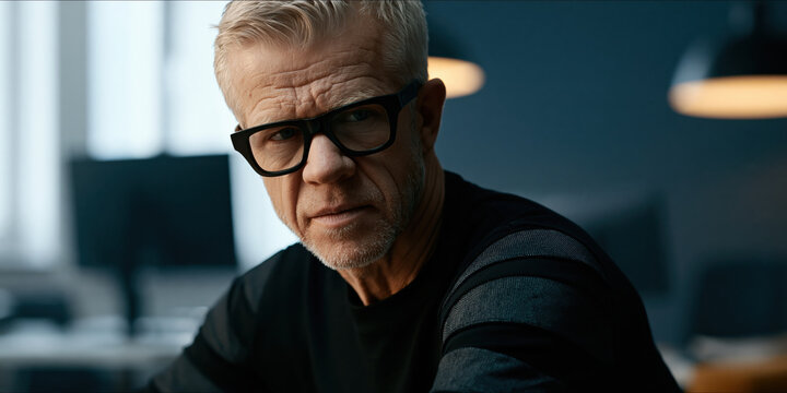 Mature man portrait senior male grey hair glasses beard office serious expression closeup