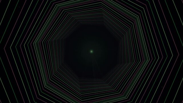 Concentric green and purple octagonal lines form an infinite tunnel with a glowing point of light at the center against a black background.
