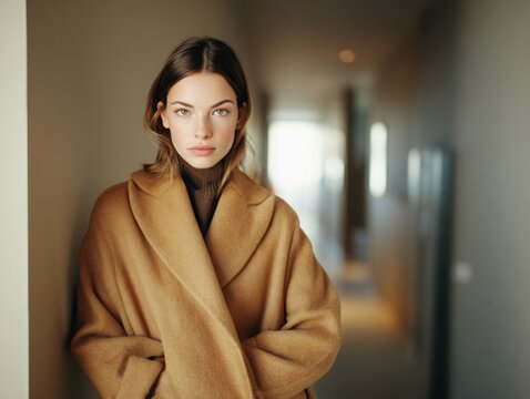 Photorealistic portrait of a stylish young woman standing directly in front of the camera, slipping into a long elegant autumn coat before leaving
