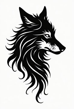Stylized wolf head with flowing fur in black and white profile view