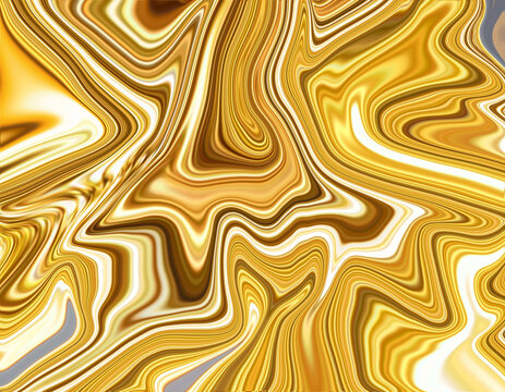 Glamorous 24k gold liquid marble background with shiny brass, silver white and caramel fluid waves
