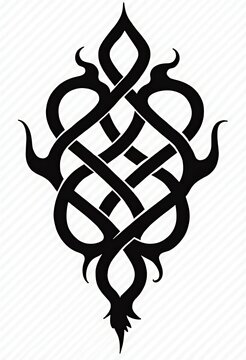 Black tribal knotwork design with flowing curved patterns and symmetrical shapes