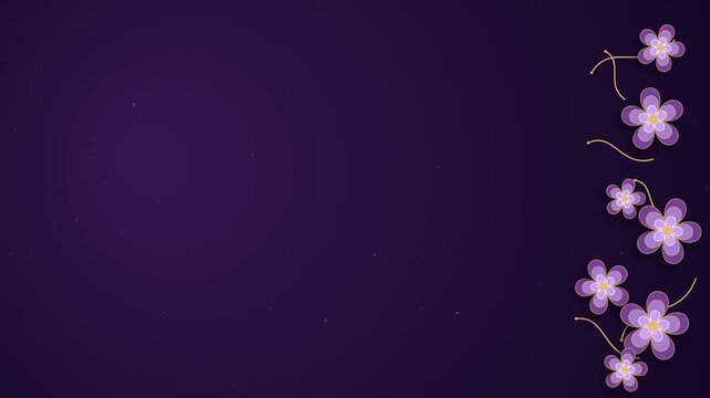 Decorative purple flowers and gold elements ascend on dark background, elegant floral animation for festive and event backdrops.