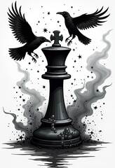 Fototapeta premium Two ravens fly around a black chess king piece with smoke and stars