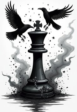 Two ravens fly around a black chess king piece with smoke and stars