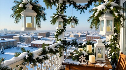 Fototapeta premium Cozy winter balcony decorated with pine branches, white lanterns. Snowy cityscape view from terrace during Christmas holiday season. Wooden table features candles, festive ornaments. Beautiful