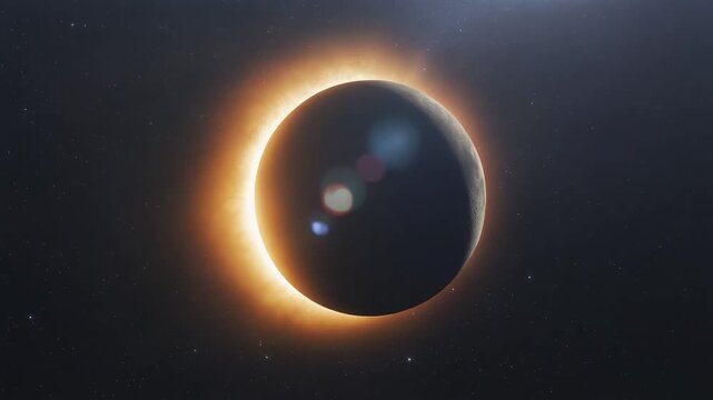 Stunning solar eclipse with a glowing corona and lens flare in outer space universe background