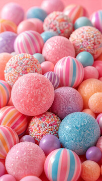 Assortment of colorful pastel candy spheres with sugary textures and striped patterns arranged in a dense pile for a sweet dessert and confectionery background treat concept bright lighting