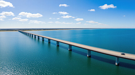 Fototapeta premium Long bridge crosses over bright blue ocean water. A single car drives on the causeway under a clear sky with fluffy clouds. The bridge connects landmasses over the vast sea.