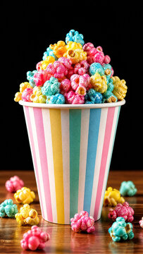 Playful pile of colorful sweet popcorn in pink yellow and blue hues served in a pastel striped paper cup on a wooden table with a black background for party celebration