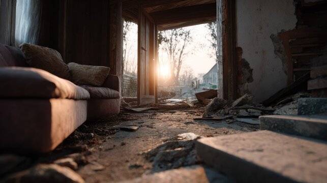 Desolation's Dawn: An abandoned living room, shattered by unseen forces, reveals a worn sofa and scattered debris. The rising sun pierces through a broken window.