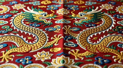 Fototapeta premium Detailed view of red silk fabric with golden Chinese dragon embroidery. Traditional oriental pattern features mythological creatures, lotus flowers. Luxurious textile material displays intricate