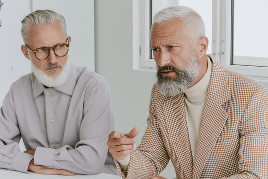 Senior businessman serious discussion office meeting leadership white hair beard planning strategy teamwork professional conversation in bright modern office