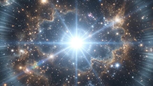 Cinematic supernova explosion in deep space, bright cosmic starburst with glowing nebula, majestic galaxy birth background 4k video