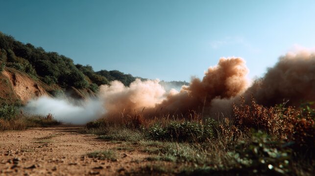 Dust Cloud on a Dirt Road: A vehicle kicks up a dramatic cloud of dust and smoke as it speeds along a rugged dirt road, bordered by dry vegetation and rolling hills.