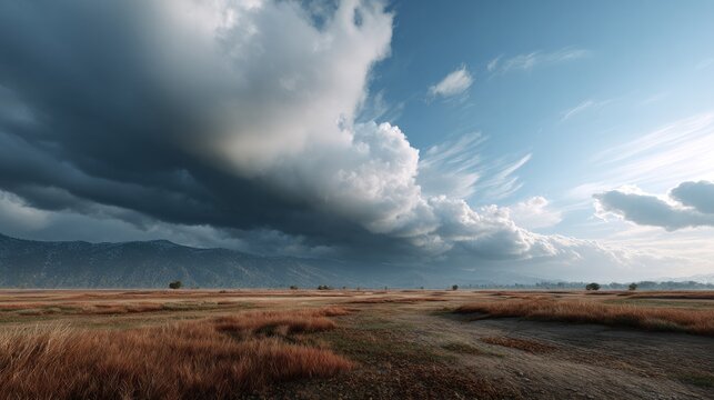 Stormy Skies Over the Savannah: A dramatic contrast of dark, heavy storm clouds rolling in over a vast, dry savannah landscape, with scattered acacia trees and distant mountains under a wide.